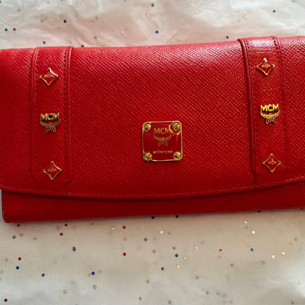 MCM Scarlet Red Wallet with Gold Accents